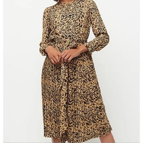 J CREW Leopard Cheetah Animal Print Button Front Tie Waist Pleated Skirt Dress10 - Picture 1 of 9
